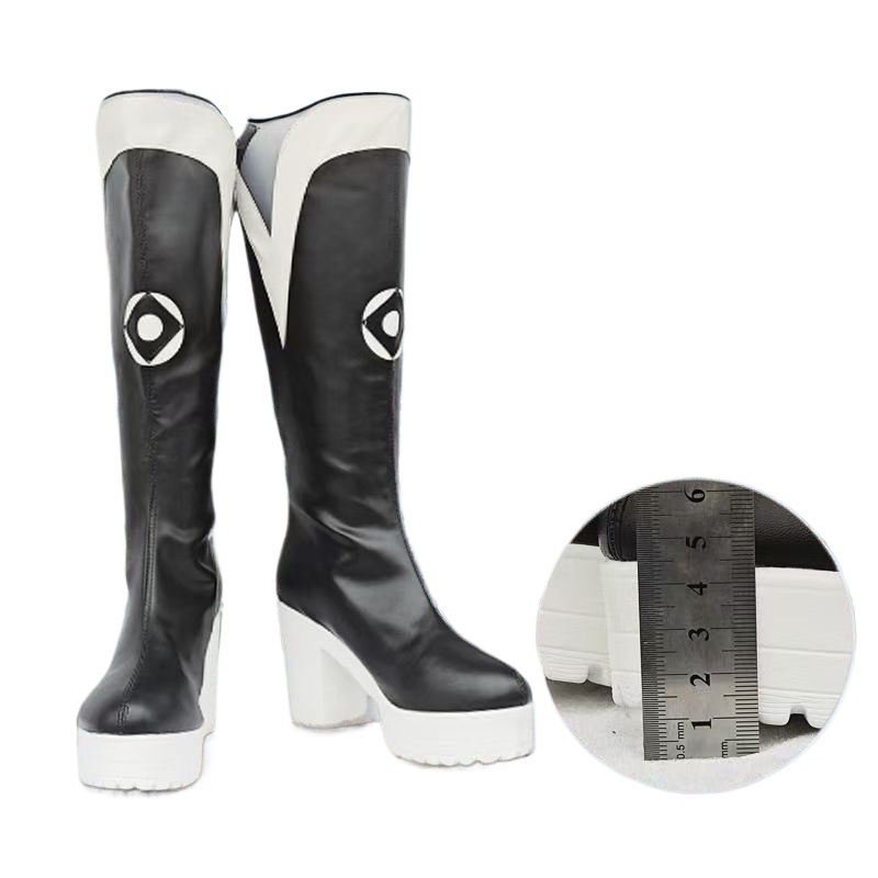 Cosplay térdmagas csizmák, felső része szintetikus bőr, magas szár, hátul záródó cipzár, csíkos mintázat, latex talpbetét