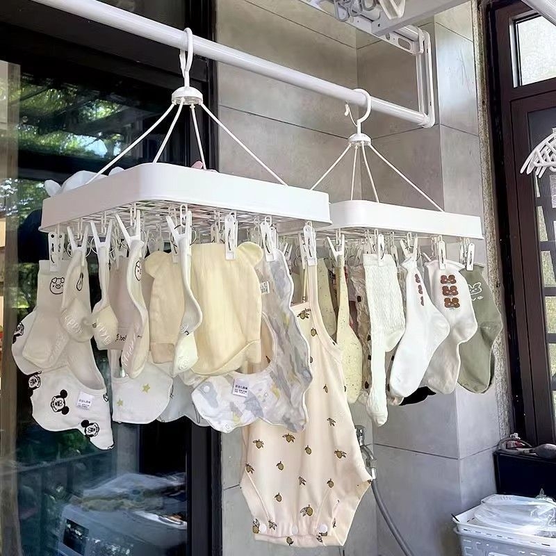 Подов сушилник за дрехи с множество щипки, регулируем и сгъваем, пластмасов