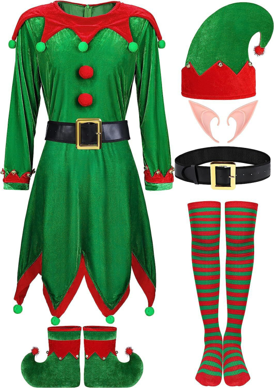Unisex božićni cosplay kostim s vilinskim ušima – dugi rukav, višedijelni set (odjeća, obuća i dodaci)