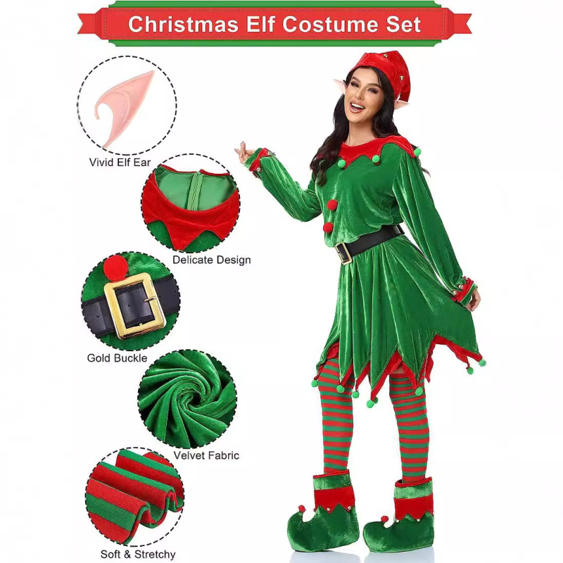 Unisex božićni cosplay kostim s vilinskim ušima – dugi rukav, višedijelni set (odjeća, obuća i dodaci)