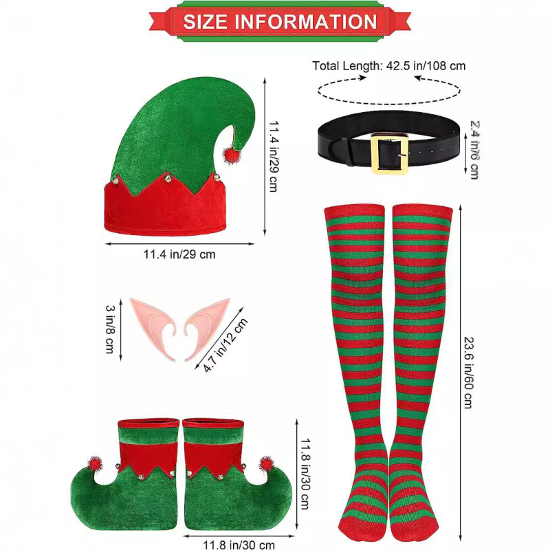 Unisex božićni cosplay kostim s vilinskim ušima – dugi rukav, višedijelni set (odjeća, obuća i dodaci)
