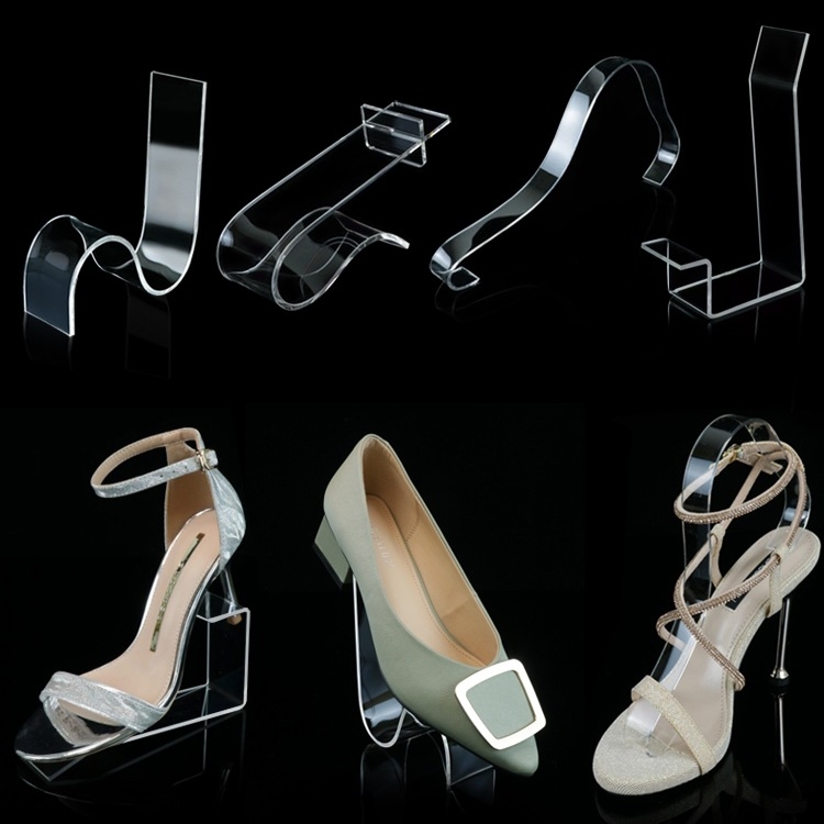 Prozirni akrilni izložbeni stalak za kožne cipele sa srednjim i visokim potpeticama, s elastičnim unutarnjim potporama