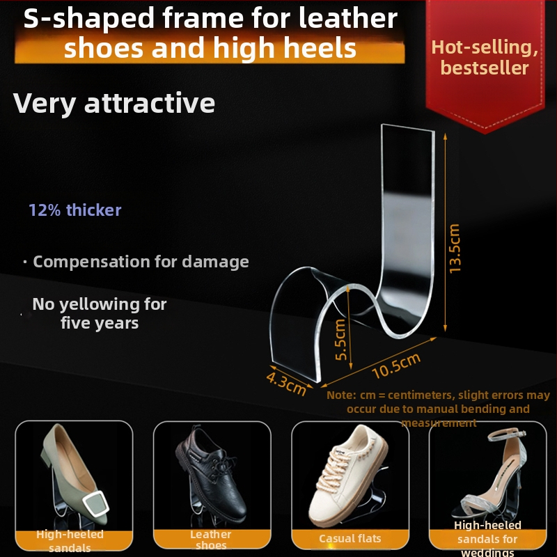 Priehľadný akrylátový stojan na topánky pre stredné a vysoké podpätky z kože, s elastickými vnútornými oporami