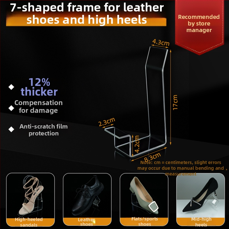 Priehľadný akrylátový stojan na topánky pre stredné a vysoké podpätky z kože, s elastickými vnútornými oporami