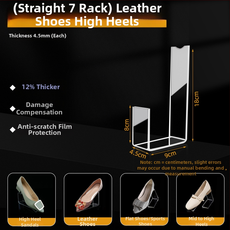 Priehľadný akrylátový stojan na topánky pre stredné a vysoké podpätky z kože, s elastickými vnútornými oporami
