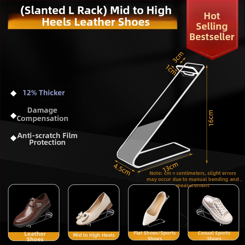 Priehľadný akrylátový stojan na topánky pre stredné a vysoké podpätky z kože, s elastickými vnútornými oporami