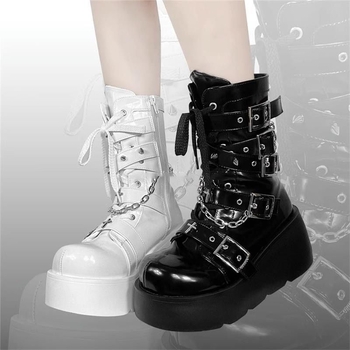 Čizme tassel s Cross Buckle – okrugli vrh, debeli potplat, PU gornji dio, gumeni potplat, visina potpetice 6-8 cm, prednje vezivanje, zimsko izdanje 2025