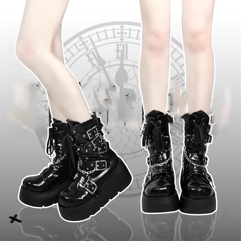 Čizme tassel s Cross Buckle – okrugli vrh, debeli potplat, PU gornji dio, gumeni potplat, visina potpetice 6-8 cm, prednje vezivanje, zimsko izdanje 2025