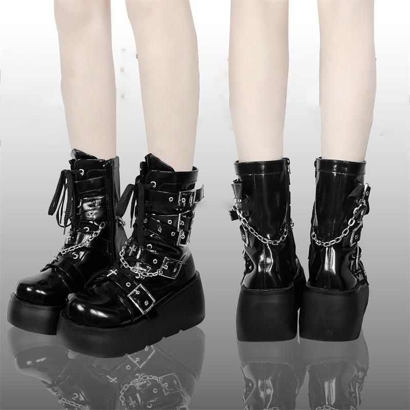 Čizme tassel s Cross Buckle – okrugli vrh, debeli potplat, PU gornji dio, gumeni potplat, visina potpetice 6-8 cm, prednje vezivanje, zimsko izdanje 2025