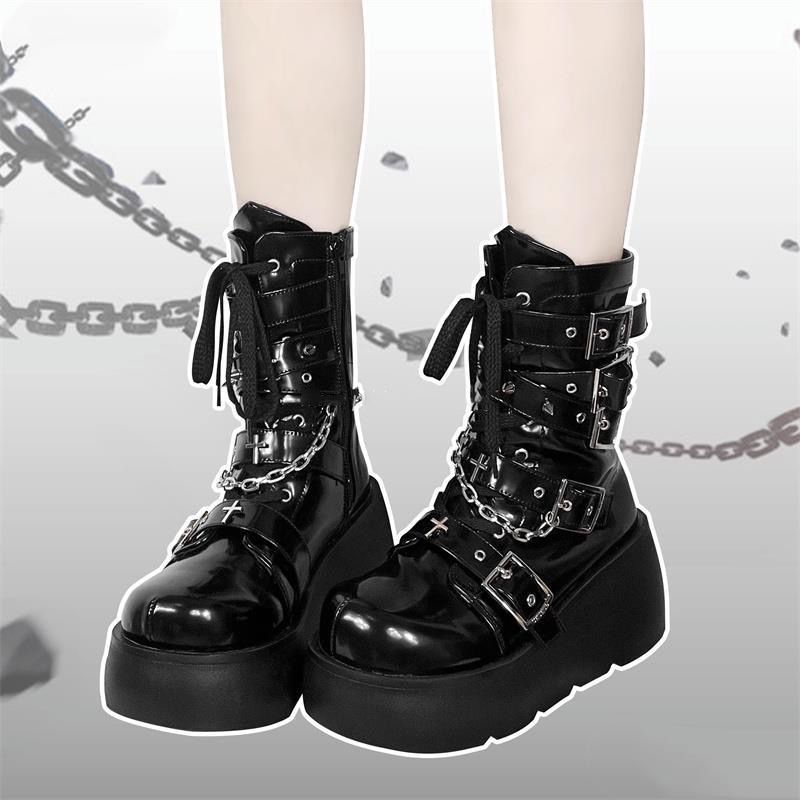 Čizme tassel s Cross Buckle – okrugli vrh, debeli potplat, PU gornji dio, gumeni potplat, visina potpetice 6-8 cm, prednje vezivanje, zimsko izdanje 2025