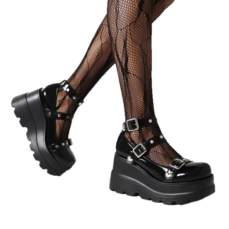 Pantofi cosplay femei cu platformă, toc în clin, curea cu cataramă inimă, PU exterior, talpă din cauciuc, stil japonez prințesă