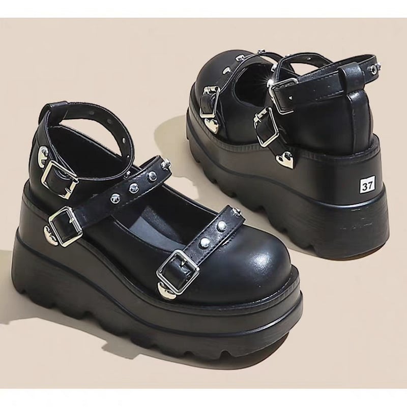 Pantofi cosplay femei cu platformă, toc în clin, curea cu cataramă inimă, PU exterior, talpă din cauciuc, stil japonez prințesă