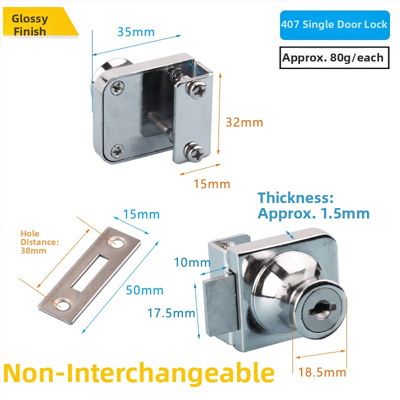 Üvegvitrines szekrényzár - Modell 409, Xinlefu, anyag: cink ötvözet + vas, üveg vitrines ajtókhoz, modern minimalist stílus