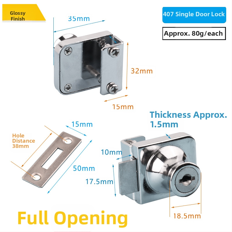 Üvegvitrines szekrényzár - Modell 409, Xinlefu, anyag: cink ötvözet + vas, üveg vitrines ajtókhoz, modern minimalist stílus