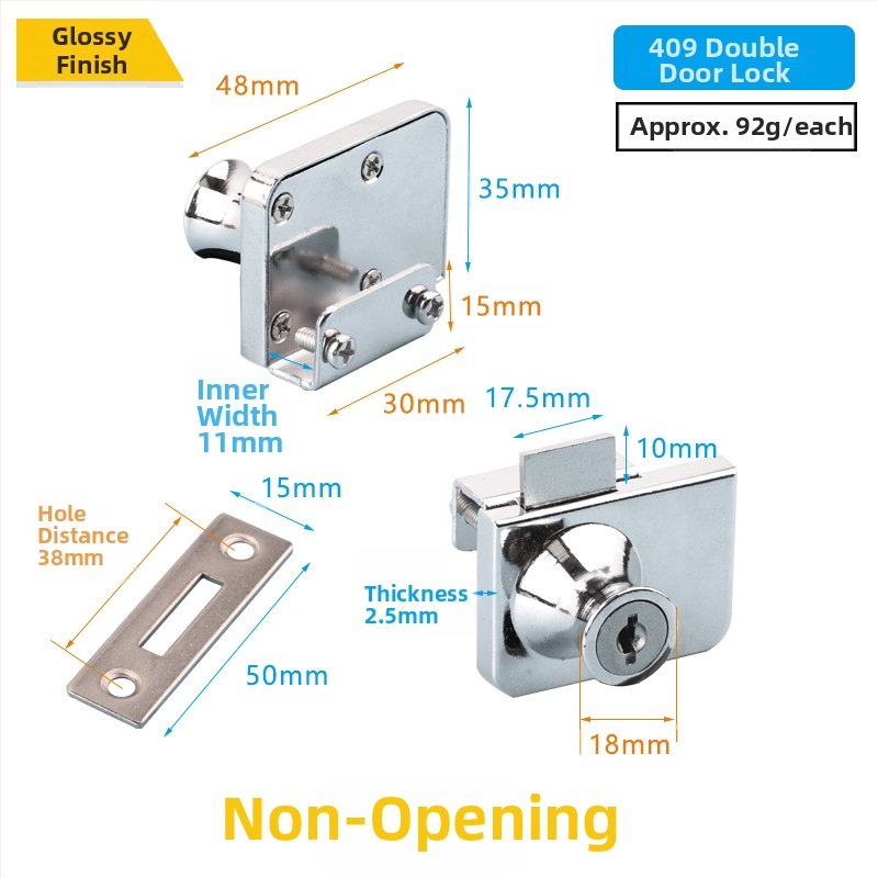 Üvegvitrines szekrényzár - Modell 409, Xinlefu, anyag: cink ötvözet + vas, üveg vitrines ajtókhoz, modern minimalist stílus