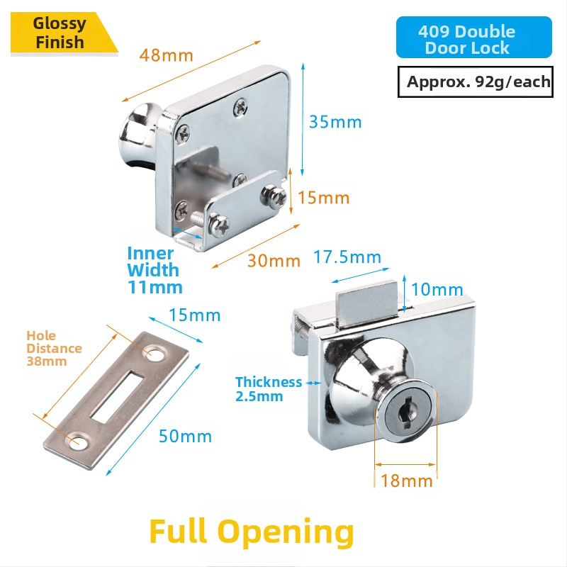 Üvegvitrines szekrényzár - Modell 409, Xinlefu, anyag: cink ötvözet + vas, üveg vitrines ajtókhoz, modern minimalist stílus