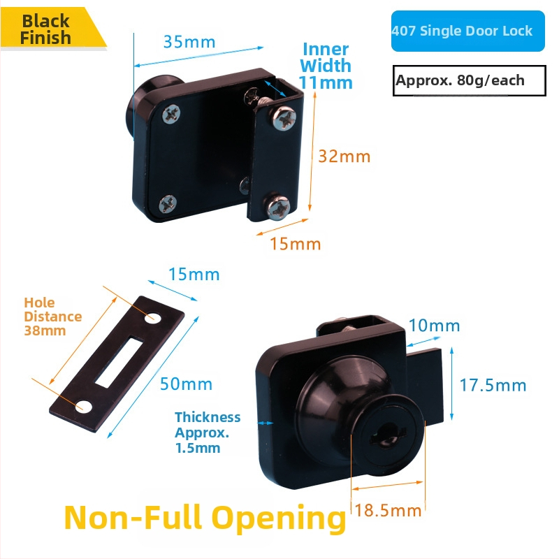 Üvegvitrines szekrényzár - Modell 409, Xinlefu, anyag: cink ötvözet + vas, üveg vitrines ajtókhoz, modern minimalist stílus