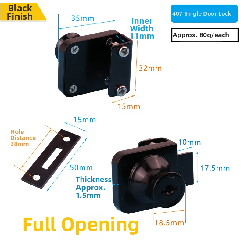 Üvegvitrines szekrényzár - Modell 409, Xinlefu, anyag: cink ötvözet + vas, üveg vitrines ajtókhoz, modern minimalist stílus