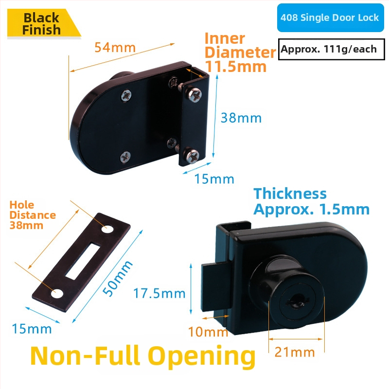Üvegvitrines szekrényzár - Modell 409, Xinlefu, anyag: cink ötvözet + vas, üveg vitrines ajtókhoz, modern minimalist stílus