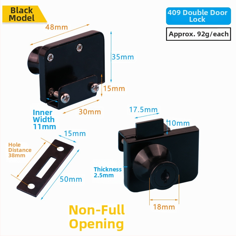 Üvegvitrines szekrényzár - Modell 409, Xinlefu, anyag: cink ötvözet + vas, üveg vitrines ajtókhoz, modern minimalist stílus