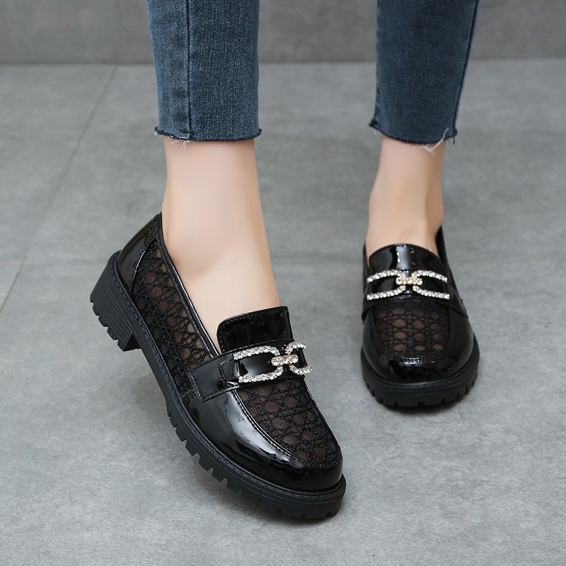 Loafers în stil japonez, talpă groasă de cauciuc, partea superioară PU, vârf rotund, slip-on feminin