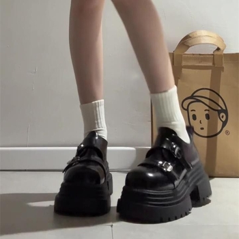 Pantofi femei cosplay loafer cu vârf drept, partea superioară din piele artificială, talpă din cauciuc, platformă, închidere cu cataramă