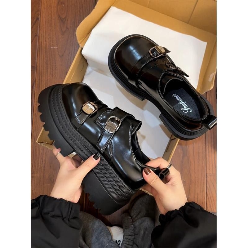 Pantofi femei cosplay loafer cu vârf drept, partea superioară din piele artificială, talpă din cauciuc, platformă, închidere cu cataramă