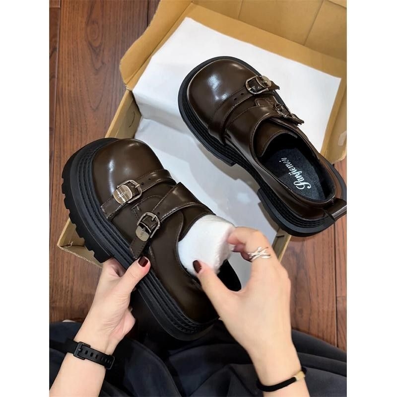 Pantofi femei cosplay loafer cu vârf drept, partea superioară din piele artificială, talpă din cauciuc, platformă, închidere cu cataramă