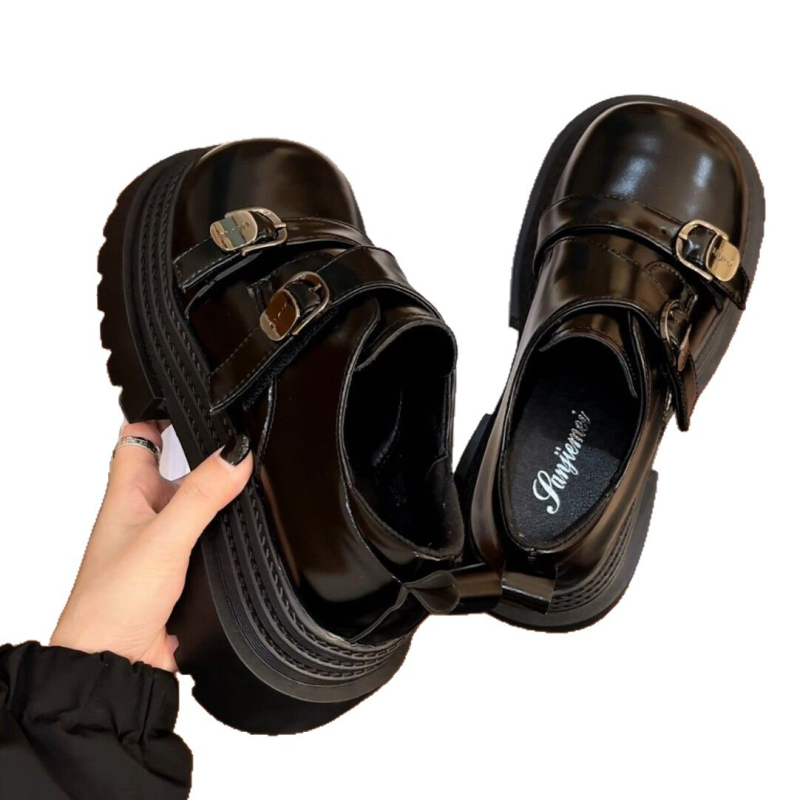 Pantofi femei cosplay loafer cu vârf drept, partea superioară din piele artificială, talpă din cauciuc, platformă, închidere cu cataramă