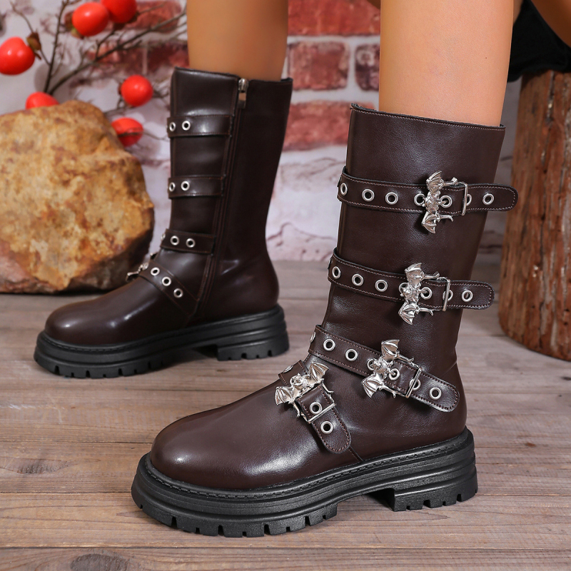 Cizme dama cu talpă groasă și platformă, PU partea superioară, vârf rotund, închidere cu fermoar