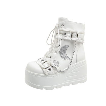 Ženske punk čizme s platformom i nitima, okrugli vrh, klinasti potpet 6–8 cm, bočni zip