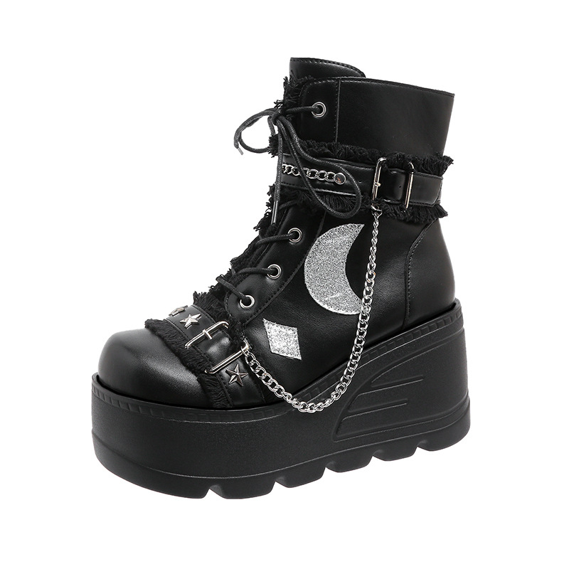 Ženske punk čizme s platformom i nitima, okrugli vrh, klinasti potpet 6–8 cm, bočni zip