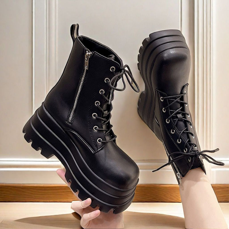 Botine unisex cosplay în stil manga cu creștere de înălțime, vârf pătrat, partea superioară din piele sintetică, gambă înaltă, fermoar