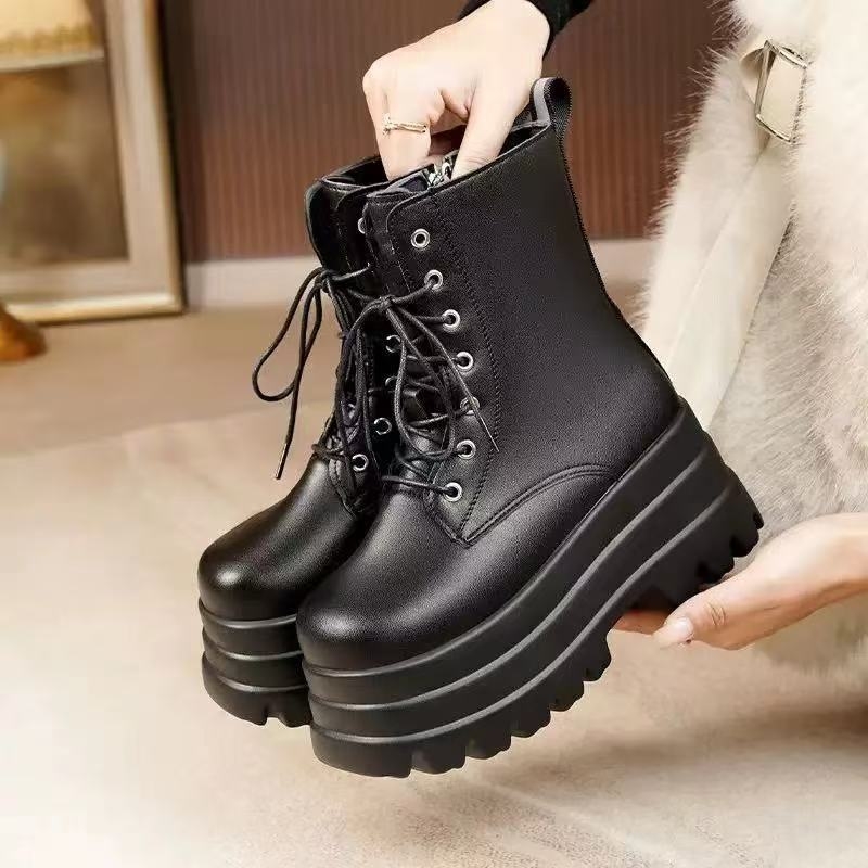 Botine unisex cosplay în stil manga cu creștere de înălțime, vârf pătrat, partea superioară din piele sintetică, gambă înaltă, fermoar