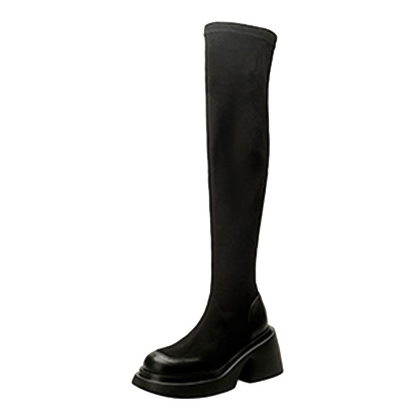 Ženske čizme iznad koljena, velur gornji dio, gumeni potplat, zaobljena prst, debeli peta 6–8 cm