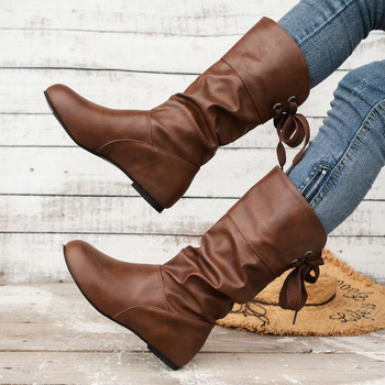 Ženske Martin čizme, okrugli nos, srednji dio potkoljenice, plosnati četverostruki potpetica, PU gornji dio i gumena podloga