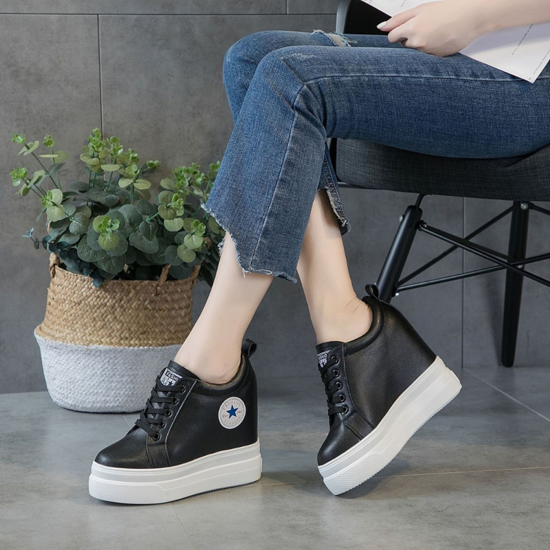 Valódi bőrből készült platformcipő, kerek orr, 8 cm feletti sarok, PU talp