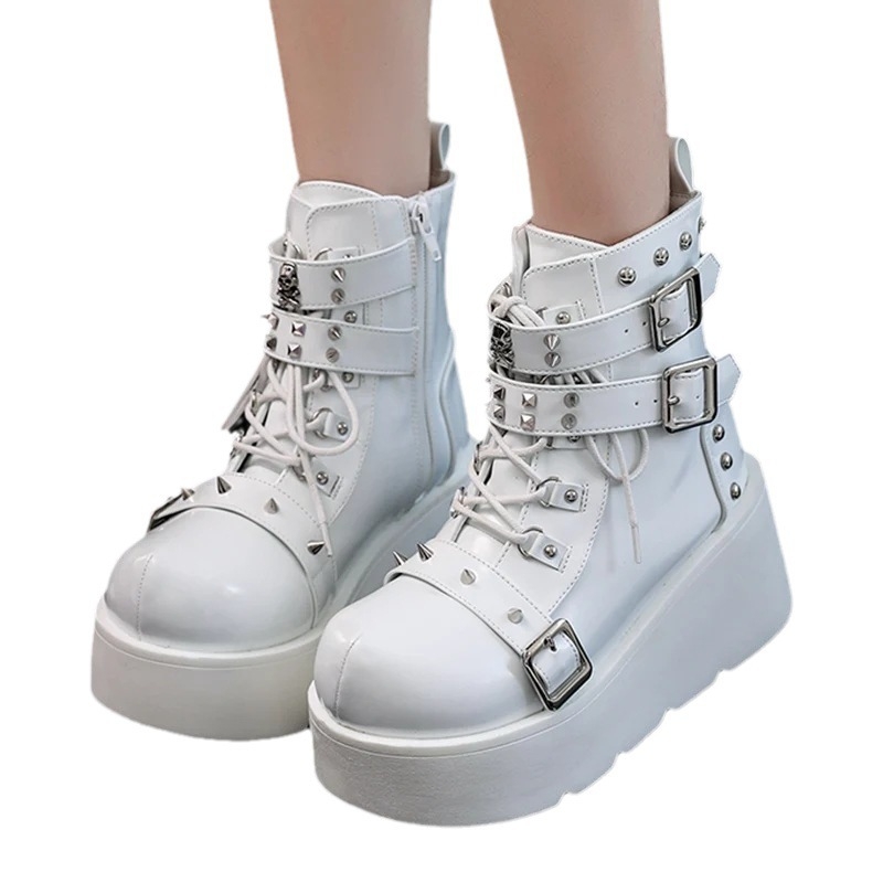 Ženske Martin cipele u punk stilu s klinovim petom 6-8 cm, PU gornji dio, gumeni đon, bočni zatvarač, okrugli vrh