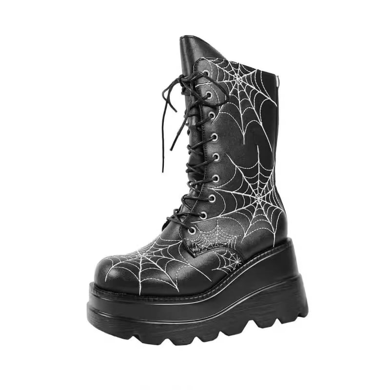 Мартин ботуши със готик стил, клиновиден ток и дебела подметка (PU горна част; PU подметка; ток 6–8 cm; средно високи; странична ципа)