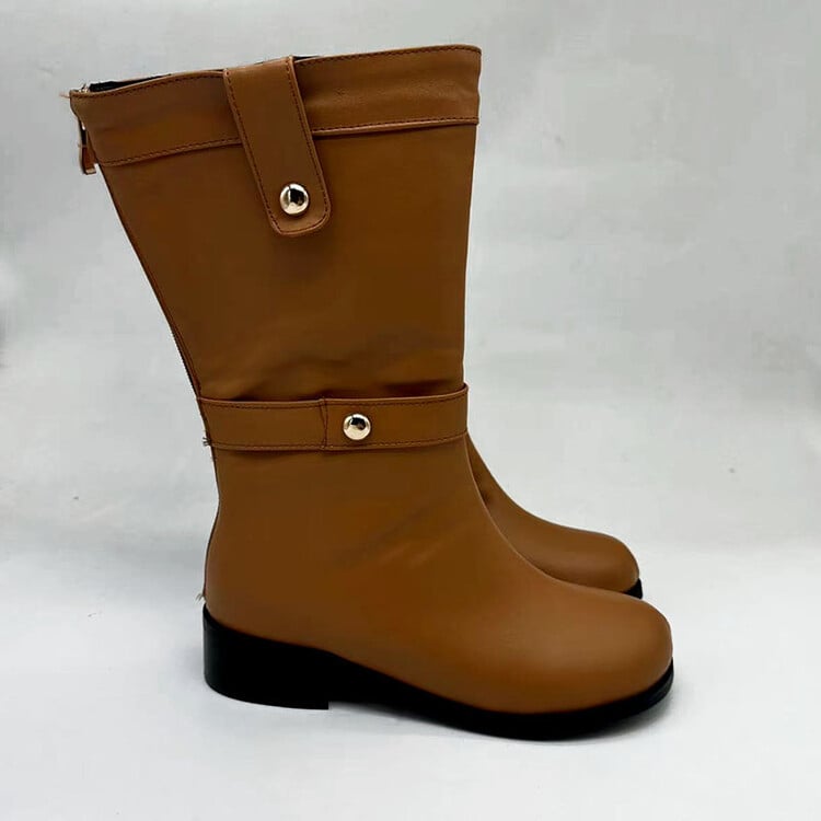 Cosplay čizme za kostim s okruglim vrhom, srednje visoke do potkoljenice, široki pet 3–5 cm, PU gornji dio, mikrovlaknena uložak, gumena potplata