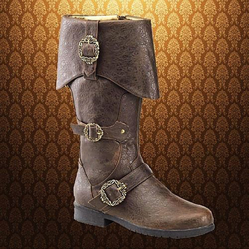 Cosplay kožne čizme – srednjovjekovni Viking/Norse stil, PU gornji dio, gumeni potplat, visok shaft, okrugli vrh, peta 3–5 cm
