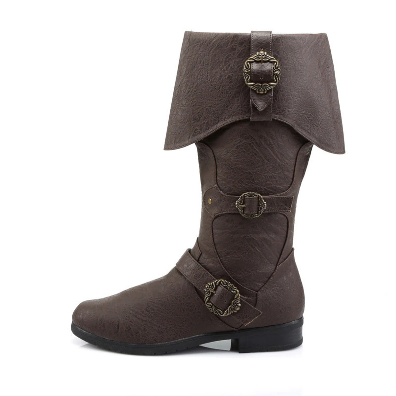 Cosplay kožne čizme – srednjovjekovni Viking/Norse stil, PU gornji dio, gumeni potplat, visok shaft, okrugli vrh, peta 3–5 cm