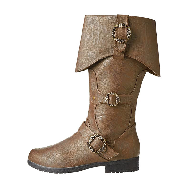 Cosplay kožne čizme – srednjovjekovni Viking/Norse stil, PU gornji dio, gumeni potplat, visok shaft, okrugli vrh, peta 3–5 cm