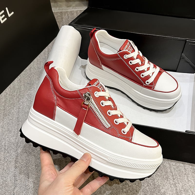 Ženske platforme cipele s povećanjem visine, kožni gornji dio, dvije sloja kože, vezanje, potplat od poliuretana