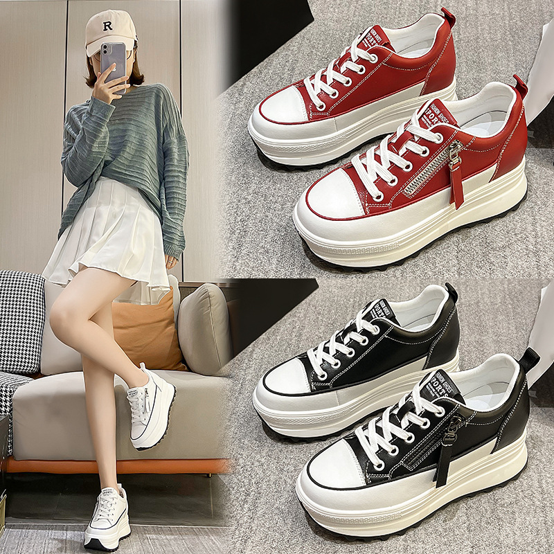 Ženske platforme cipele s povećanjem visine, kožni gornji dio, dvije sloja kože, vezanje, potplat od poliuretana