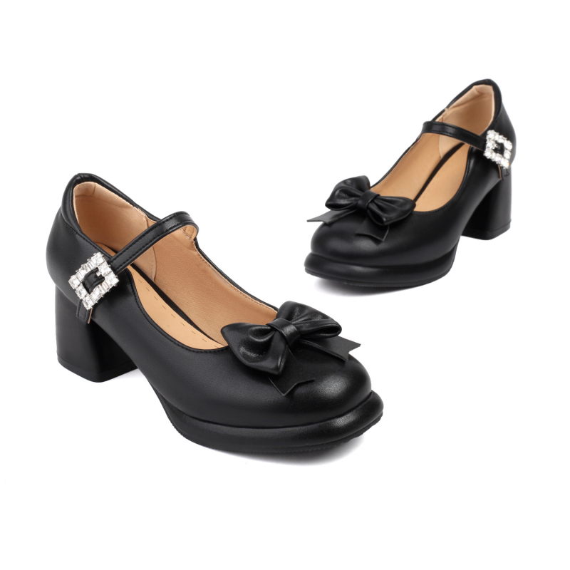 Pantofi pentru femei, stil Lolita, culoare solidă, partea superioară PU, vârf rotund, toc mic 1-3 cm