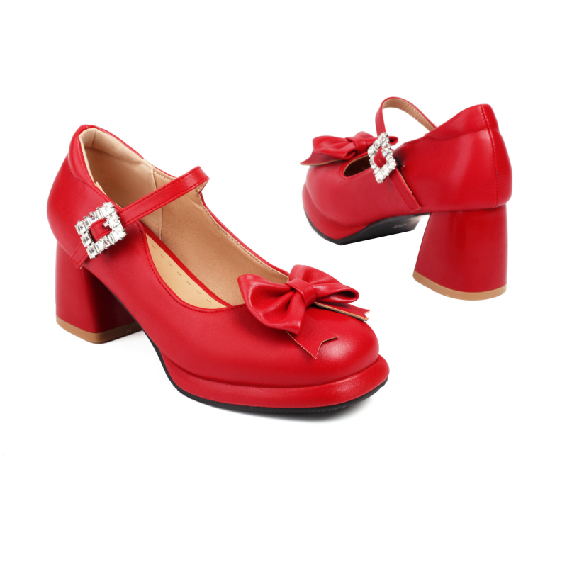 Pantofi pentru femei, stil Lolita, culoare solidă, partea superioară PU, vârf rotund, toc mic 1-3 cm