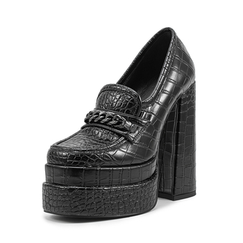 Női magas sarkú cipő négyzetes orral és vastag sarokkal — felső: szuper rost; belső: természetes bőr; talp: gumi; sarokmagasság: >8 cm