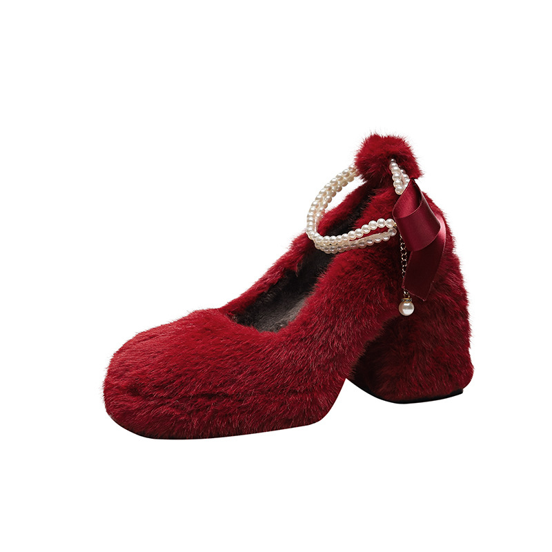 Vjenčane visoke potpetice, Xiuhe-Fairy stil, kvadratni nos, gornji dio od umjetnog pliša, 6–8 cm debeli potplat, leptir uzorak