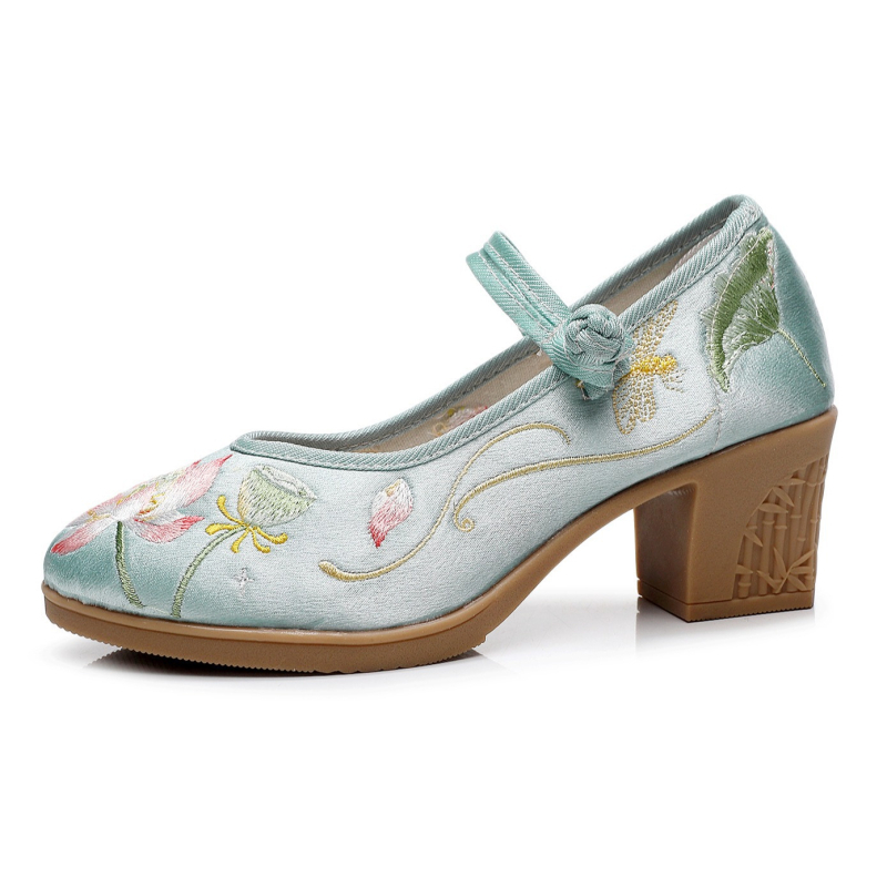 Ženske Mary Jane cipele s chunky kvadratnom petom, kopčom, izšiven platneni gornji dio, satenski vamp, nizak otvor (3–6 cm peta)